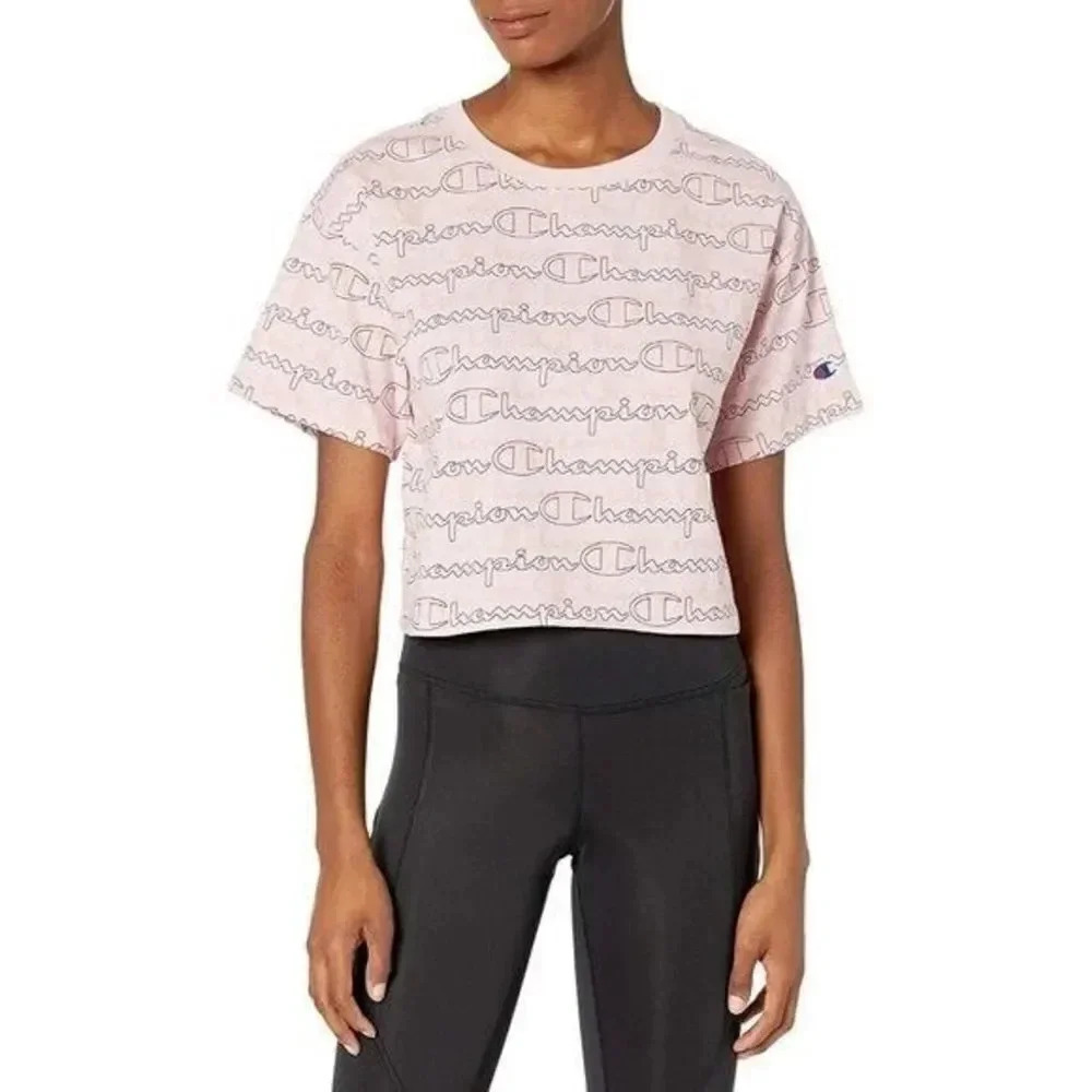 Champion Pink Layered Logo Scripts Crewneck Cropped Athletic T-Shirt M